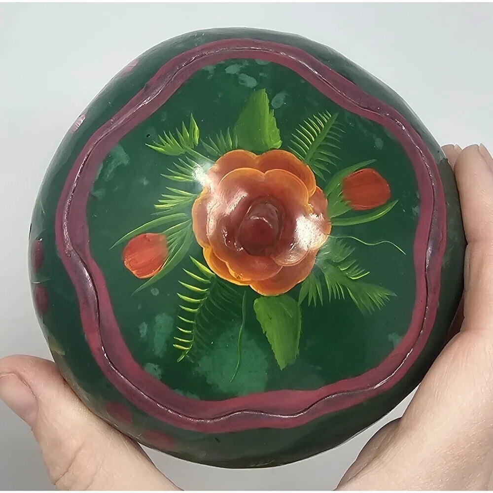 Hand Painted Lacquered Folk Art Olinalá Gourd Trinket Box Green Floral Mexico